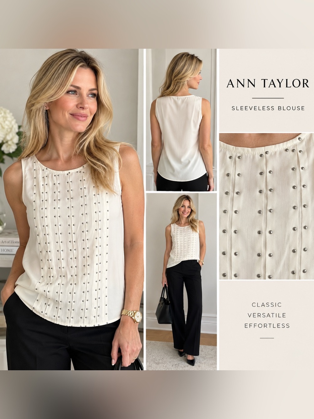 Ann Taylor Ivory Studded Pleated Sleeveless Blouse Small